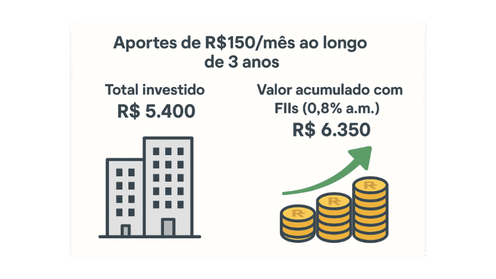 Se eu investir R$ 150 por mês em fundos imobiliários, quanto terei depois de 3 anos?